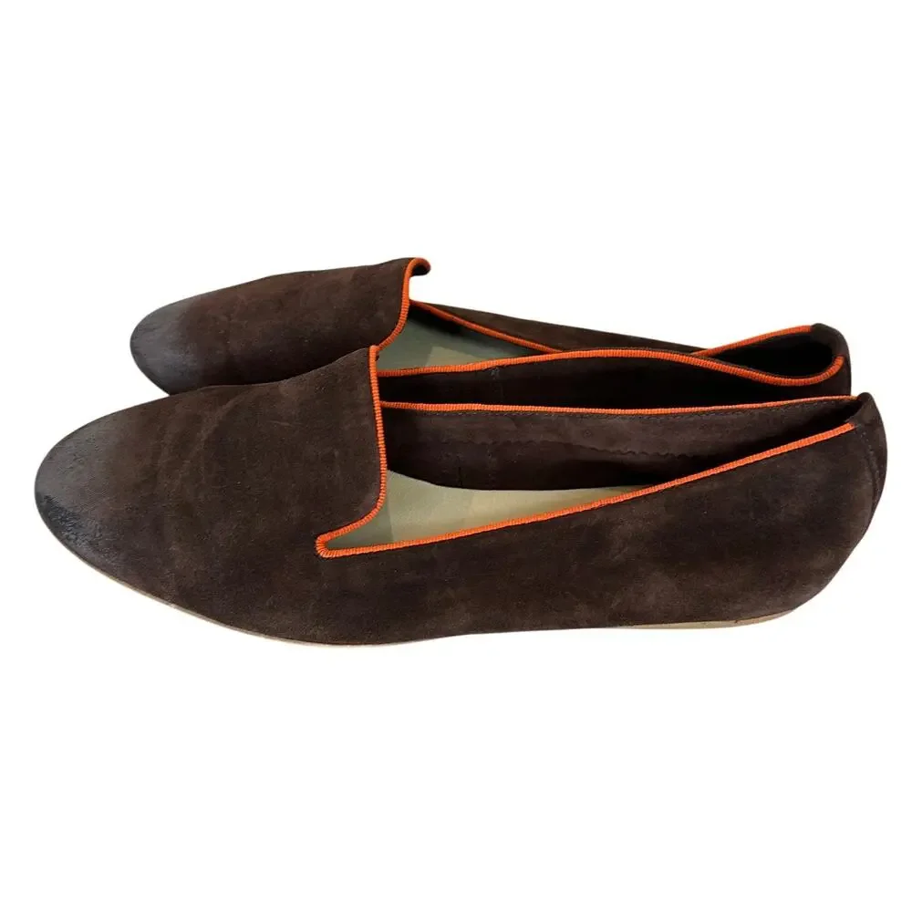 Sundance Brown Smoking Flats Shoes Size 39 8.5  Suede Leather Orange Trim Preppy